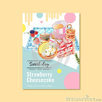 Dessert poster design with Lemon tart, Strawberry cake, Tea time watercolor illustration Cartoon Illustration