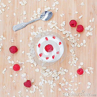 Dessert of raspberries, oats, cream Stock Photo