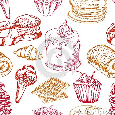 Dessert seamless pattern. Sweet background in hand drawn style. Wallpaper with cupcake, waffles, pretzel. Vector illustration Vector Illustration