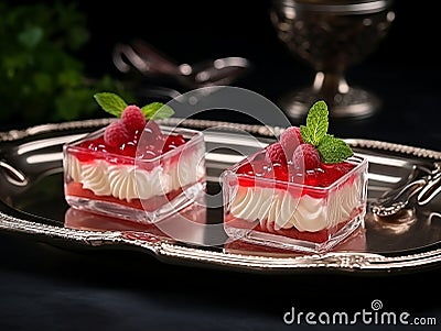 dessert served in an elegant souffle plate with various fruit jelly Stock Photo