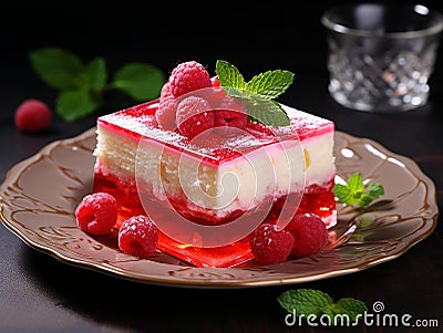 dessert served in an elegant souffle plate with various fruit jelly Stock Photo