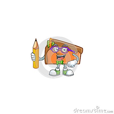Dessert slice cake cartoon character mascot student holding pencil. Vector Illustration