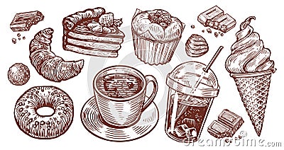 Cup tea, cake, donut, cola, ice cream cone, chocolate candy, coffee sketch. Dessert, sweet food set retro illustration Vector Illustration