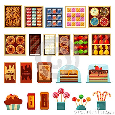 Dessert sweets, chocolate, cakes and biscuit boxes Vector Illustration