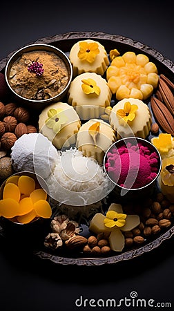 Dessert symphony Indian sweets presented in a tempting flat lay arrangement Stock Photo