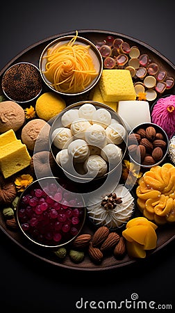 Dessert symphony Indian sweets presented in a tempting flat lay arrangement Stock Photo