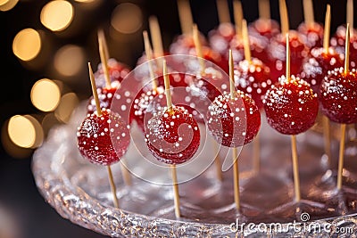 dessert table display, tanghulu skewers add a festive touch to any party table, sure to delight guests with cravings for Stock Photo