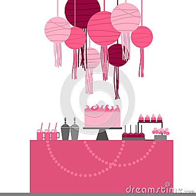 Dessert table and paper lanterns. Candy bar with cake. Vector Illustration