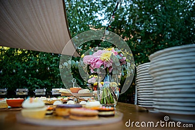 Dessert table for a party Candy bar. Rich thematic wedding candy bar, high variety of sweets Stock Photo