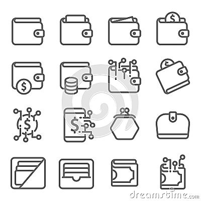 Wallet Vector Line Icon Set. Contains such Icons as Digital Asset, Card Bag, Coin, Purse and more. Expanded Stroke Vector Illustration