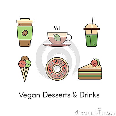 Desserts and Beverages including Fresh Coffee, Hot Green Organic Tea, Green Smoothie, Vegan Ice Cream, Sweet Donut and Piece of Ca Vector Illustration