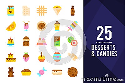 25 Desserts and Candies Flat icon pack. vector illustration Vector Illustration