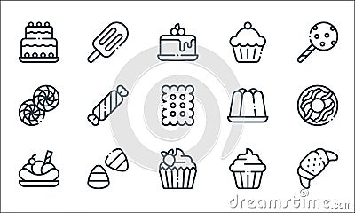 Desserts candies line icons. linear set. quality vector line set such as croissant, cupcake, banana split, cupcake, candy corn, Vector Illustration