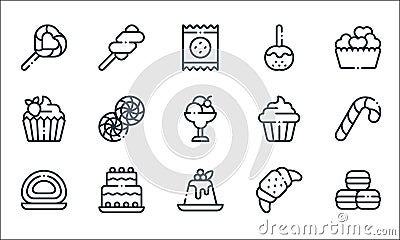 desserts candies line icons. linear set. quality vector line set such as macaron, pudding, roll cake, croissant, birthday cake, Vector Illustration