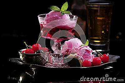 Desserts with fruit pies and berries such as mousses, pastries, cakes, jellies, ice cream,close-up Stock Photo