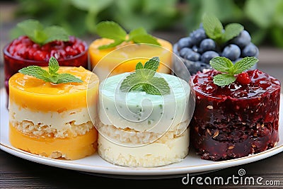 Desserts with fruit pies and berries such as mousses, pastries, cakes, jellies, ice cream,close-up Stock Photo