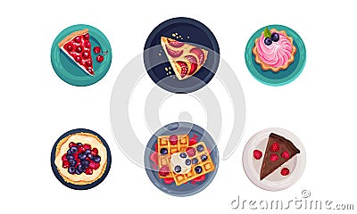 Desserts with Gaufre or Waffle, Tartlet and Cake Served on Plate Vector Set Vector Illustration