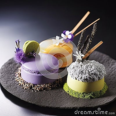 Desserts with lavender and lemon flavors, black sesame and matcha. Generative AI Stock Photo