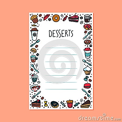 Desserts menu template. Colorful doodle style coffee cups, pastry and cakes on light background with copy space Vector Illustration