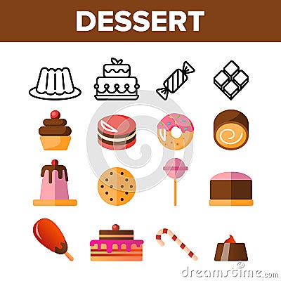 Desserts, Pastry, Sweets Vector Color Icons Set Vector Illustration