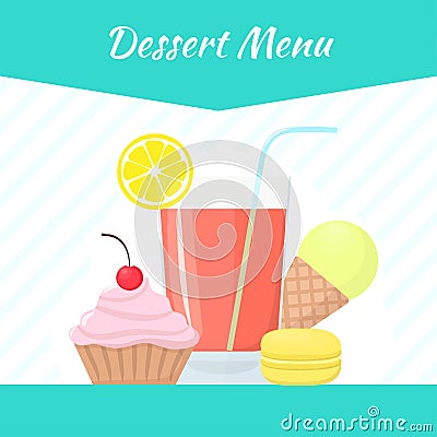 Desserts and pastry vector menu template. Ice cream, macaroon, cake, cocktail Stock Photo