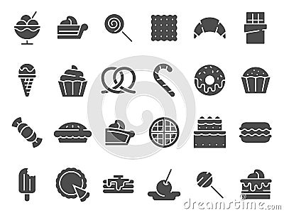 Desserts silhouette icon. Sweet muffin cakes, dessert ice cream and chocolate pie vector icons set Vector Illustration