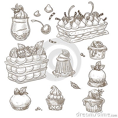 Desserts and sweets, cakes and pies at bakery Vector Illustration