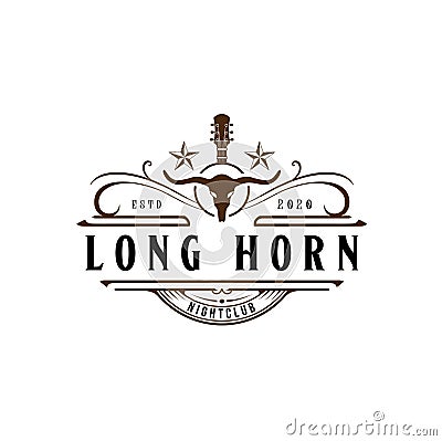Country Guitar Music Western Vintage Retro Long Horn Saloon Bar Cowboy logo design Vector Illustration