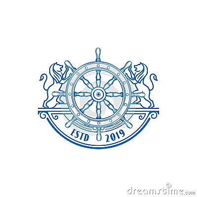 Retro Vintage Lion Anchor Boat Ship Wheel Marine Navy Nautical Badge Emblem Logo Design Vector Vector Illustration