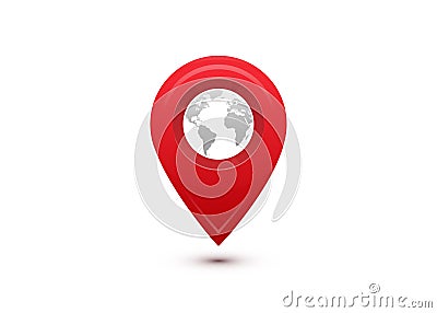 Destination concept. International travel journey. Red pointer with grey world map inside Vector Illustration