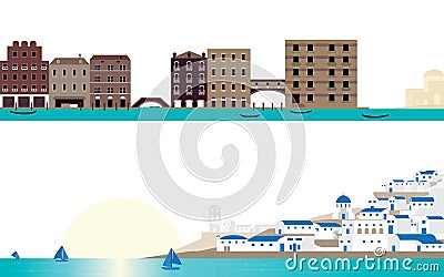 The Destination Scene Famous Place Venice and Santorini Landscape Vector Illustration