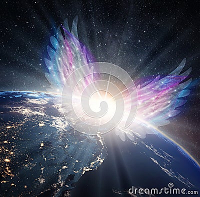 Angel touch, divine intervention, synchronicity, giving blessings, watching over Earth planet from space, orbit Stock Photo