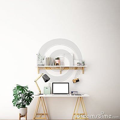 Destop computer screen on white desk,working space,working background ,interior of woking room,work from home Cartoon Illustration