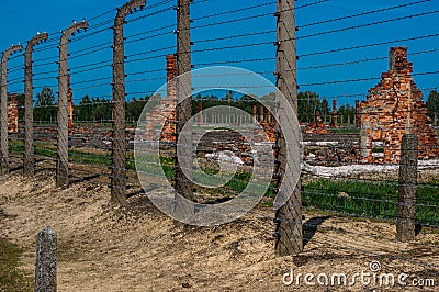 Destroyed barracks inside Auschwitz - Birkenau concentration camp Editorial Stock Photo