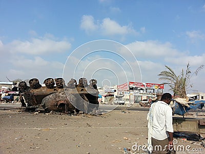 Destroyed battle tank in the recent war of Yemen Editorial Stock Photo