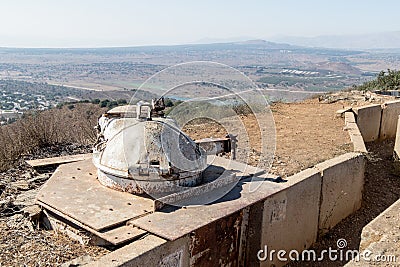 The destroyed battle tower that has remained since the War of the Doomsday Yom Kippur War on Mount Bental, on the Golan Heights in Stock Photo
