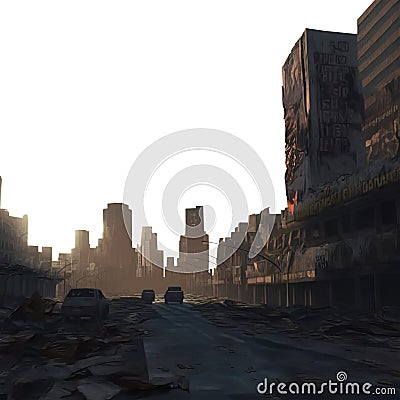 Destroyed bombarded city. War zone. Post war. Post apocalypse megalopolis. Futuristic barren cityscape skyline. Transparent PNG. Cartoon Illustration