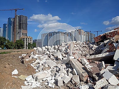 Destroyed building, earthquake, pile of rubble and debris, landfill Stock Photo