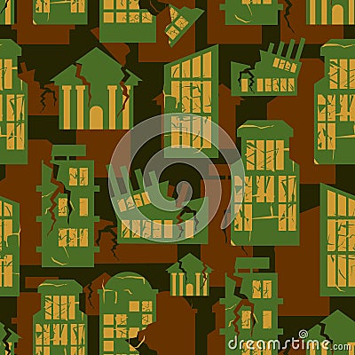 Destroyed Buildings seamless military pattern. city house khaki Vector Illustration