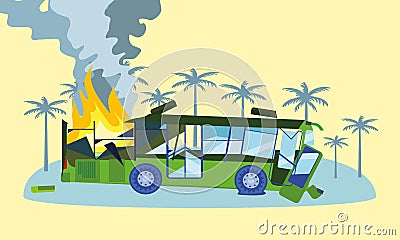 Destroyed bus in fire concept banner, flat style Vector Illustration