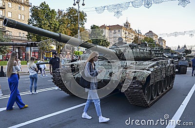 Destroyed and charred captured russian tank in downtown Kyiv Editorial Stock Photo