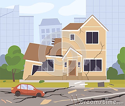 Destroyed city buildings, damaged car, cracked road after earthquake disaster. Urban houses in fractures and broken auto Vector Illustration