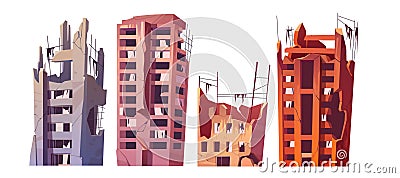 Destroyed city buildings after war or disaster Vector Illustration