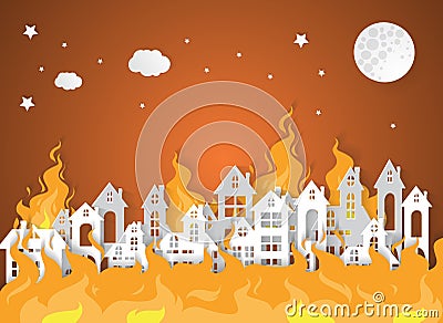 Destroyed City Village with fire Vector Illustration