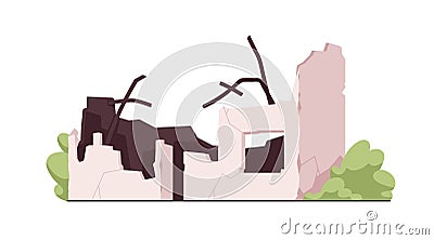 Destroyed demolished building. Broken ruined cracked walls, rebars of collapsed smashed construction. Crushed shattered Vector Illustration