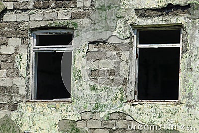 Destroyed by fire,broken window,burn down,abandoned,devastate,house,dangerous, Stock Photo