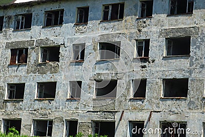 Destroyed by fire,broken window,burn down,abandoned,devastate,house,dangerous, Stock Photo