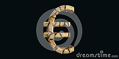 Destroyed gold symbol of the European currency with cracks on a black background. The concept of falling currencies Stock Photo