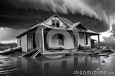 Destroyed House Stands as Remnants Amidst the Deluge: Battered by the Continuous Onslaught of a Violent Storm Stock Photo