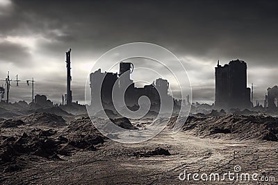 Destroyed industrial buildings and empty terrain after natural disaster. Stock Photo